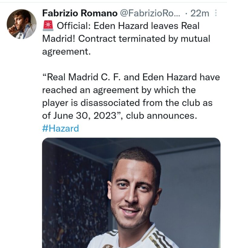 JUST IN: Real Madrid Terminate Hazard's Contract