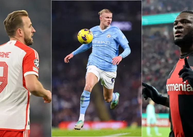 Harry Kane, Erling Haaland, and Victor Boniface are the top goal-scorers for their respective teams. Image: Joan Valls. Source: Getty ImagesHarry Kane, Erling Haaland, and Victor Boniface are the top goal-scorers for their respective teams. Image: Joan Valls. Source: Getty Images