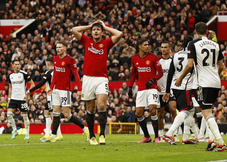 Soccer Football - Premier League - Manchester United v Fulham - Old Trafford, Manchester, Britain - February 24, 2024 Manchester United's Harry Maguire reacts Action Images via Reuters/Jason Cairnduff NO USE WITH UNAUTHORIZED AUDIO, VIDEO, DATA, FIXTURE LISTS, CLUB/LEAGUE LOGOS OR 'LIVE' SERVICES. ONLINE IN-MATCH USE LIMITED TO 45 IMAGES, NO VIDEO EMULATION. NO USE IN BETTING, GAMES OR SINGLE CLUB/LEAGUE/PLAYER PUBLICATIONS.