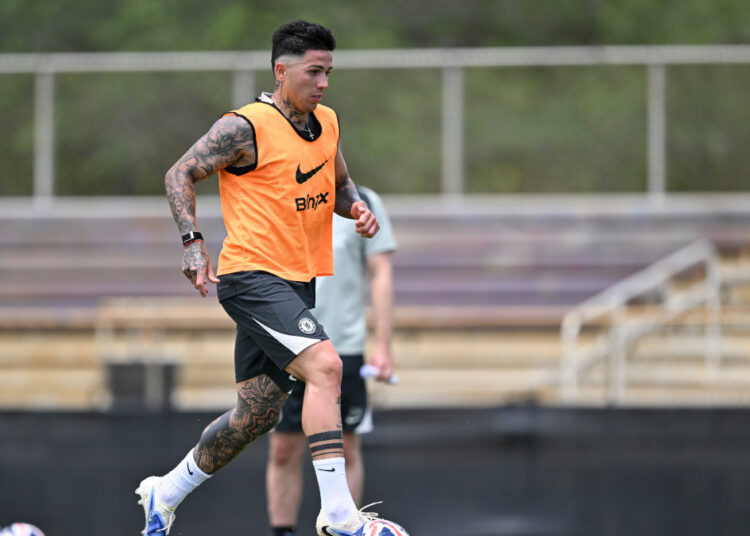 MIAMI, FLORIDA - JUNE 26: Enzo Fernandez of Chelsea during a training session at Harry University on June 26, 2025 in Miami, Florida. (Photo by Darren Walsh/Chelsea FC via Getty Images)